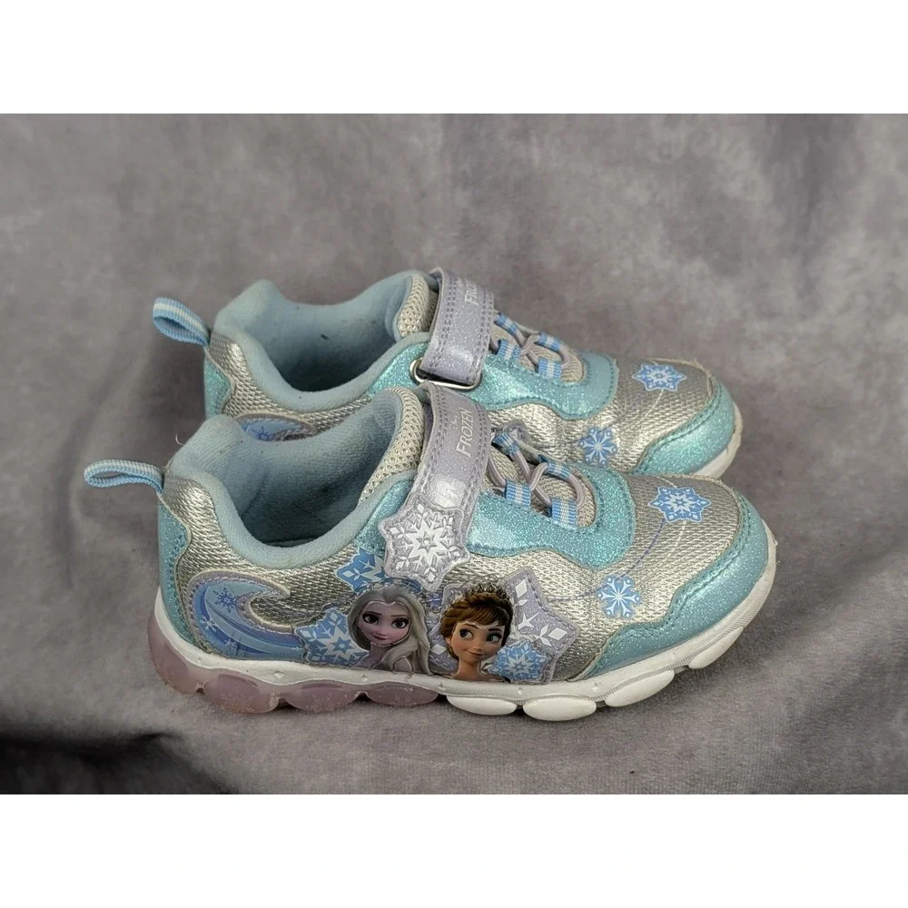 Disney Frozen Elsa Anna Light Up Sneakers‎ Blue Silver Glitter Girls Size 12